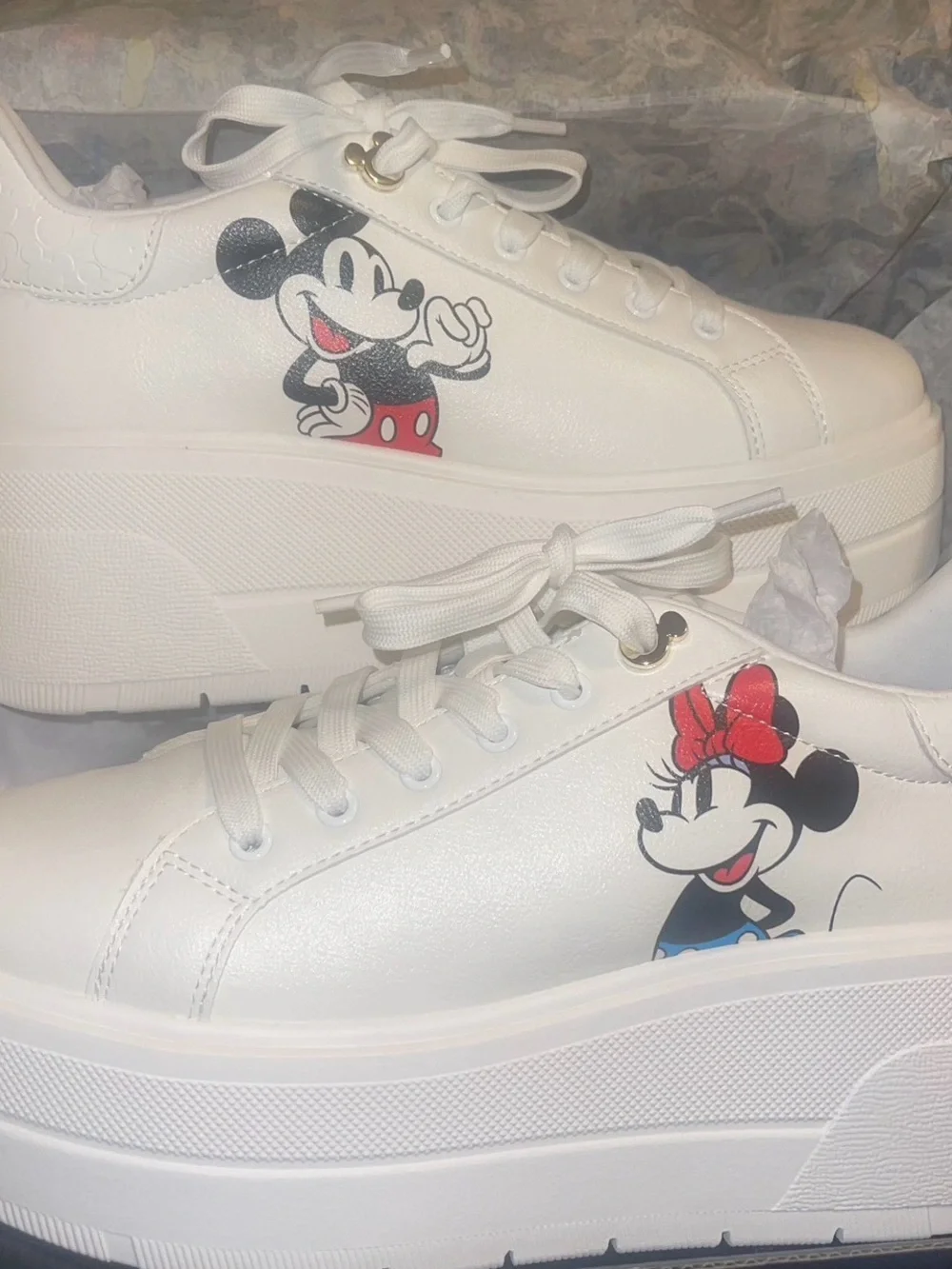 Disney x Aldo White Platform Sneakers with Mickey & Minnie Graphics